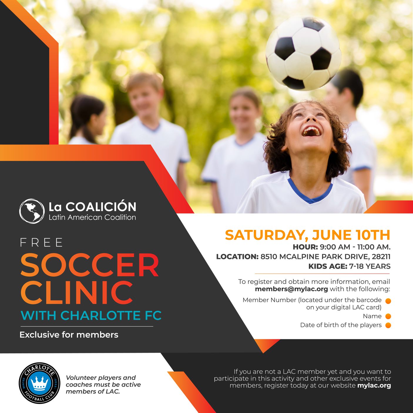 Free soccer clinic with Charlotte FC for LAC members only
